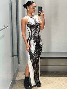 SHEIN ICON Graphic Print Split Thigh Tank Long Dress