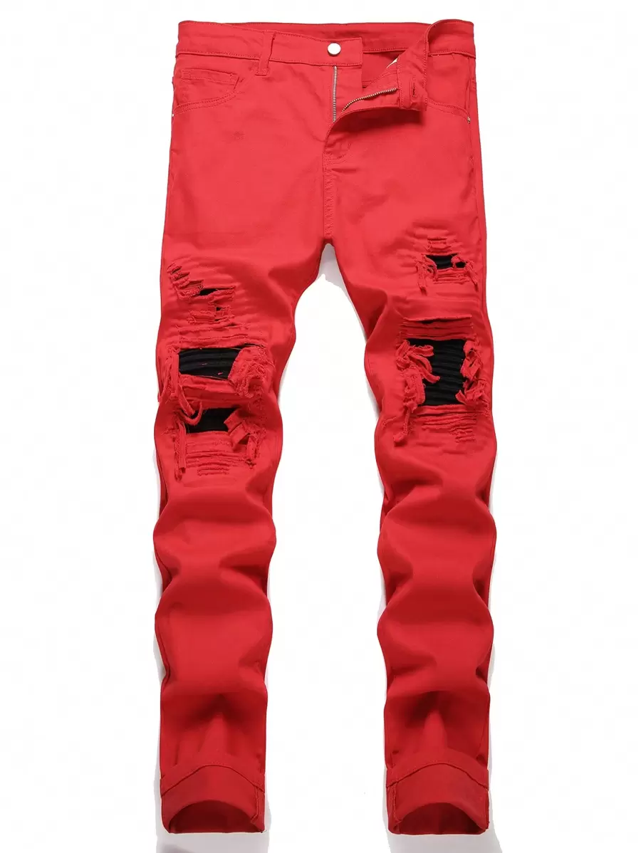 Manfinity Roughcore Hombres Jeans ajustados desgarro crudo - Rojo - Ver 1