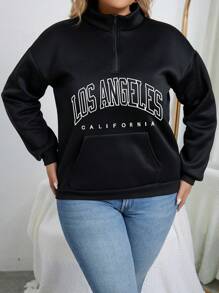 SHEIN Unity 大碼字母圖案半拉鏈落肩袖運動衫 - 黑色 - 查看 7