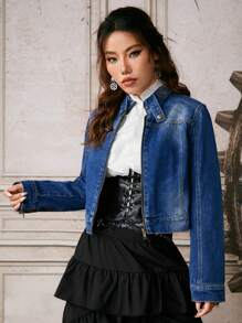 ROMWE PUNK Zip Up Crop Denim Jacket - Khaki - View 1