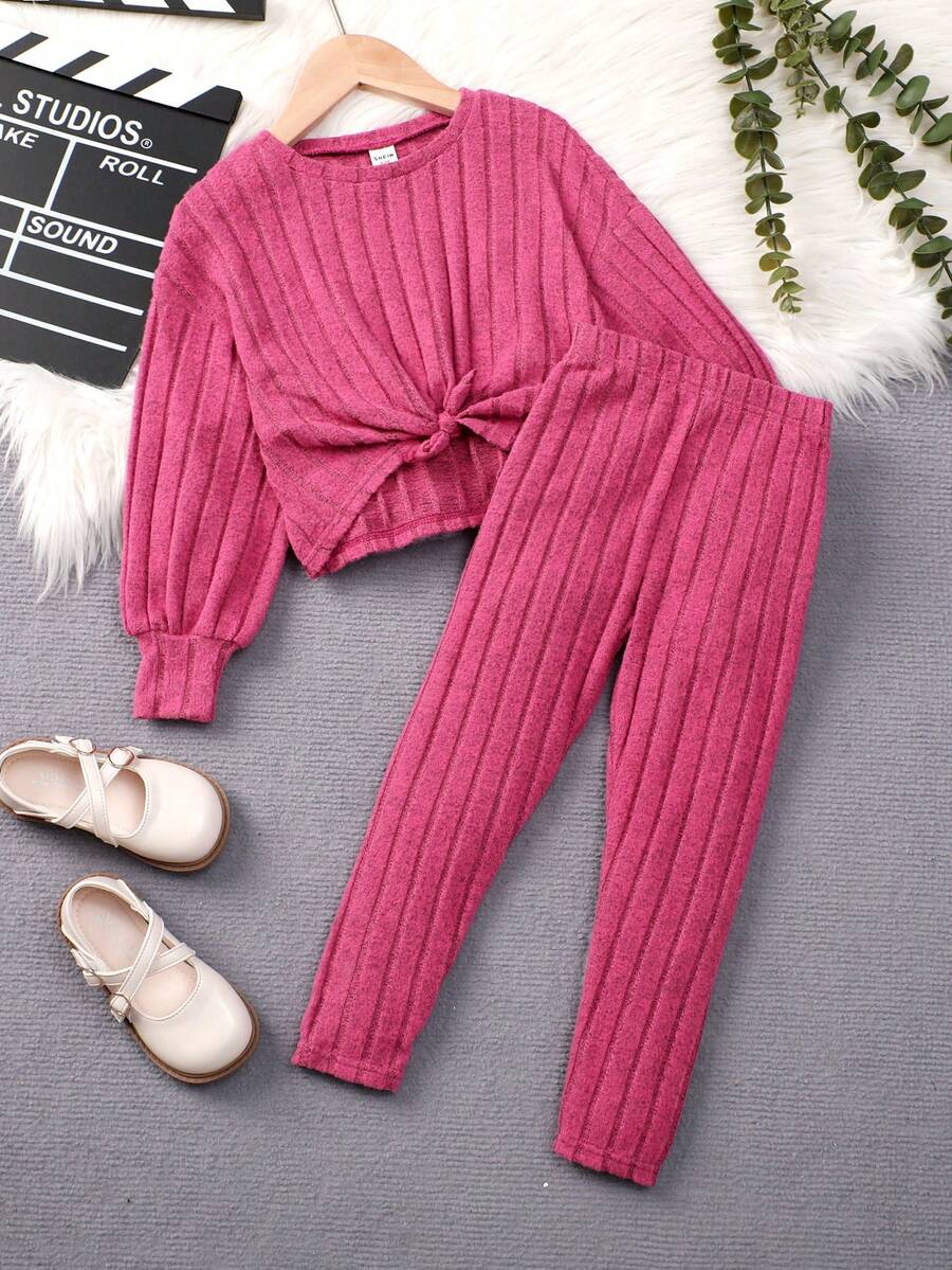 Tween Girls' Cool Grey Floral Velvet Knit Solid Color Round Neck Long Sleeve Outfit Set - Hot Pink - View 1