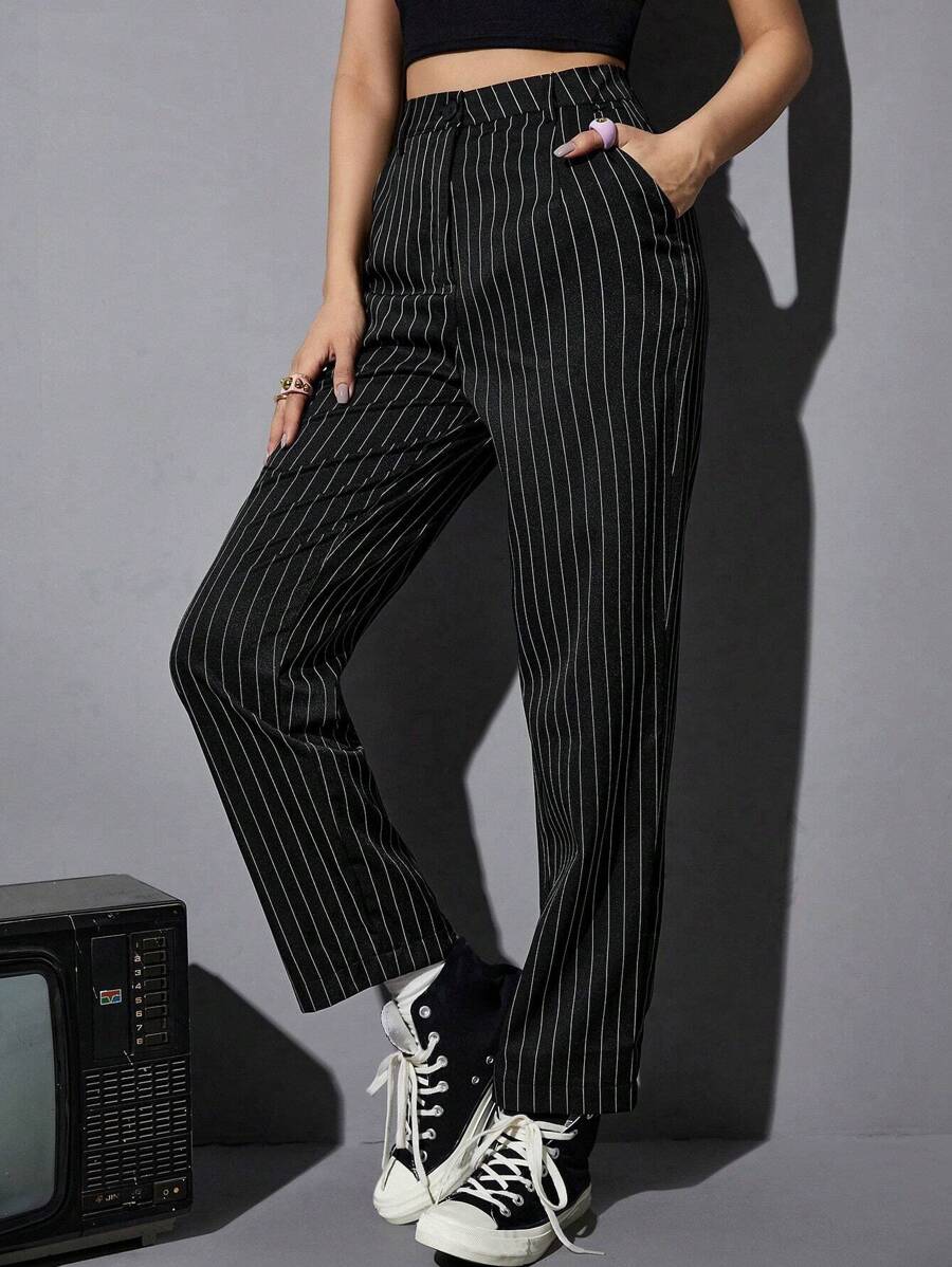 SHEIN Unity High Waist Striped Straight Leg Cropped Trousers - Black - View 1