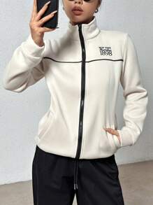 SHEIN Unity 女子拉鍊前襯衫,附有字母繡花 - 米色 - 查看 1