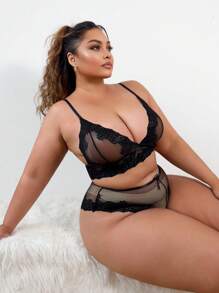 Plus Contrast Lace Mesh Lingerie Set - Black - View 1