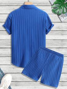 Manfinity RSRT 2pcs/set Men's Solid Color Short Sleeve Shirt And Shorts - Blue - View 2