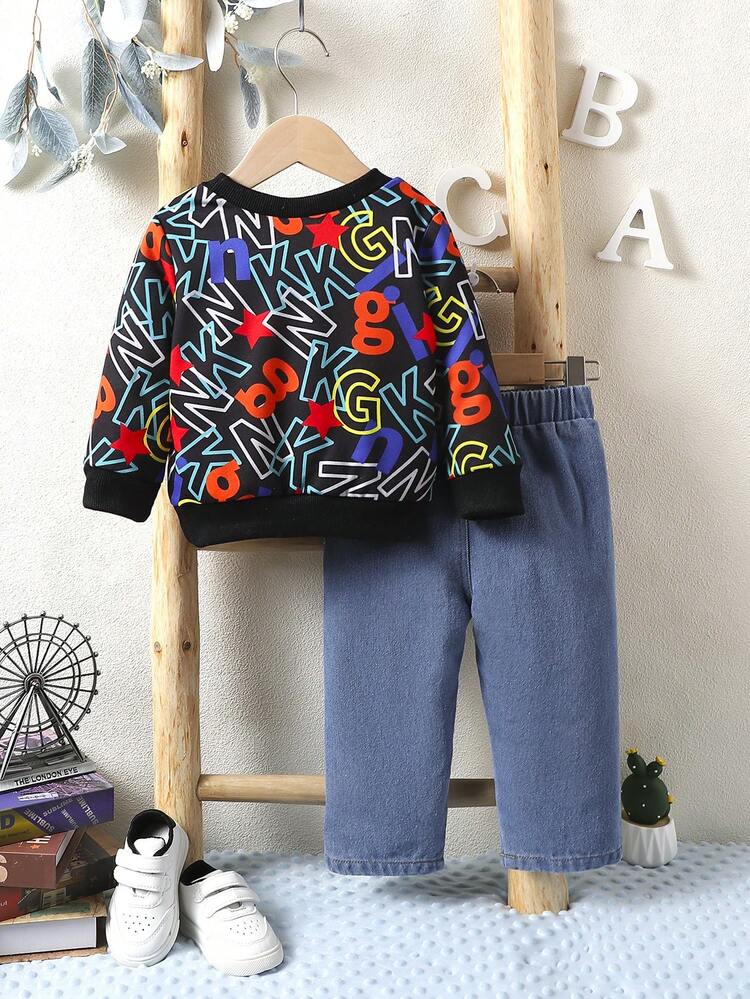 2pcs/set Baby Boys' Casual Letter Print Long Sleeve Outfit, Suitable For Daily Wear In Autumn And Winter