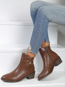 Women's Brown Pointed Toe Chunky Heel Zip-Up Short Boots, Casual Autumn/Winter Boots