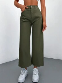 Cottnline High Waist Wide Leg Jeans - Khaki - View 6