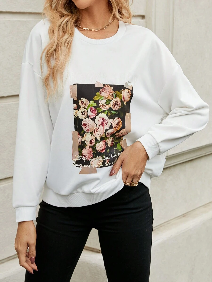 Chiquease Đồ họa hoa & chữ Thả vai Áo nỉ - trắng - Xem 1