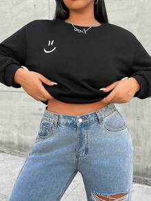 Flirla 大碼卡通圖案落肩袖運動衫 - 黑色 - 查看 7