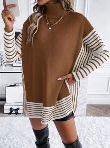 SHEIN LUNE 條紋圖案高領落肩袖下擺開叉套頭毛衣 - 棕色 - 查看 4