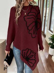 SHEIN LUNE Floral Pattern Batwing Sleeve Asymmetrical Hem Poncho Knit Pullover Fall Winter Sweater - Burgundy - View 6