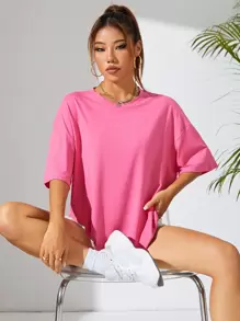 SHEIN EZwear Solid Color Drop Shoulder Women's T-shirt - Red - View 1