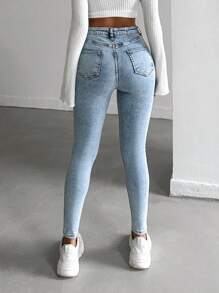 EURMUSE 高腰破洞紧身牛仔裤 - 藍色 - 查看 2