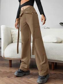 EURMUSE Flap Pocket Side Cargo Pants - Brown - View 5