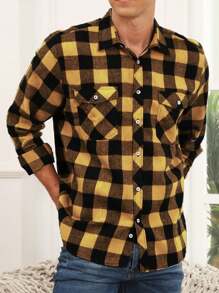 Men Fashionable Flannel Plaid Shirt - Yellow - View 3