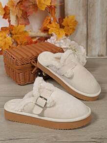 New Arrival Fluffy Slip-On Slippers, Thick Sole Snow Slides With Toe Cover And Plush Lining For Women, Suitable For Fall/Winter,Furry Shoes