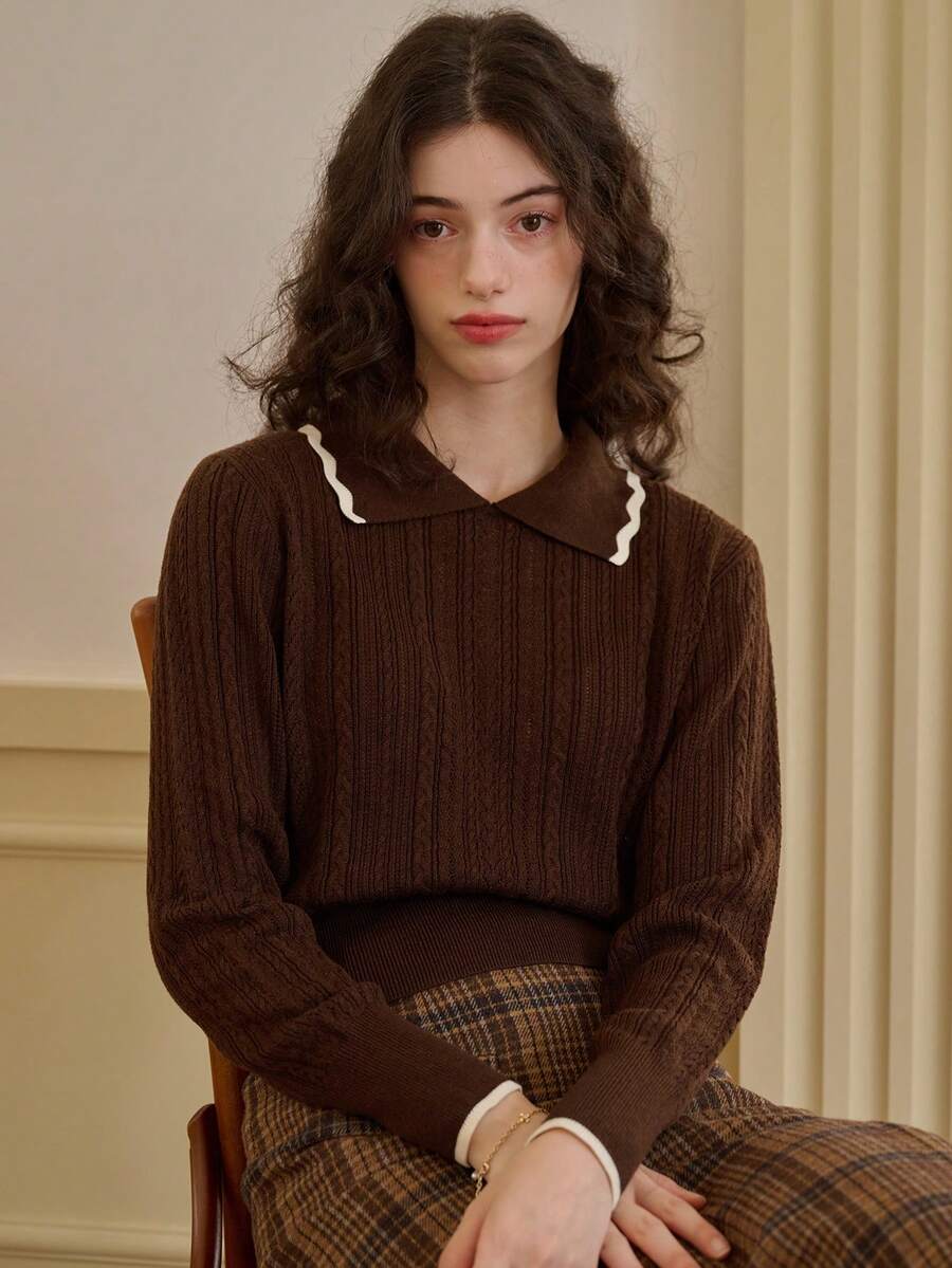 Simple Retro Viền tương phản Xoắn Dan Áo len - Cà phê nâu - Xem 1