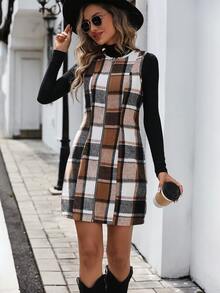 SHEIN VCAY 格紋印花拉鍊開襟燈芯絨洋裝不帶T恤 - 彩色 - 查看 6