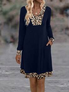 EMERY ROSE Leopard Print Hidden Pocket Tee Dress - Blue - View 6