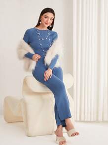 Modelyn طقم من قطعتين: قميص مزين باللؤلؤ وبنطلون محبوك قطعة واحدة