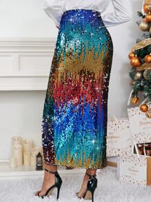 SHEIN Privé High Waist Split Thigh Sequin Skirt - Multicolor - View 2