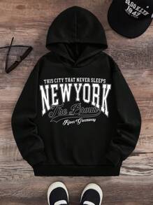 青少年男孩字母图案保暖内衬卫衣 - 黑色 - 查看 7