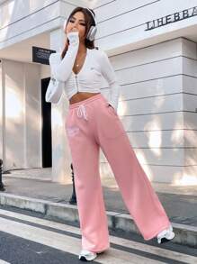 SHEIN Unity Women's Letter Pattern Drawstring Waist Casual Thermal Lined Sweatpants - Pink - View 4