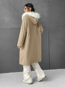 SHEIN EZwear 腰部抽繩毛茸邊連帽外套 - 駝色 - 查看 2