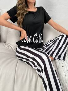 con estampado de letra Camiseta & de rayas Pantalones Conjunto de pijama - Blanco y Negro - Ver 6