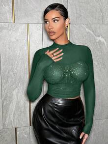 SHEIN SXY Rhinestone Detail Mesh Bustier Crop Top Party Sexy Spring Women Bachelorette Party Date Night - Dark Green - View 5