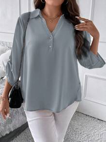 SHEIN Essnce 大碼捲邊袖半排扣襯衫 - 霧霾藍 - 查看 1