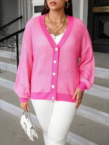 Celure 大碼落肩袖前紐扣開襟衫 - 玫紅色 - 查看 4