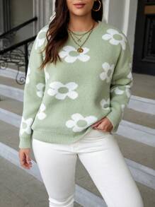 Celure Plus Floral Pattern Drop Shoulder Sweater - Green - View 1