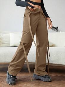 EURMUSE Flap Pocket Side Cargo Pants - Brown - View 1