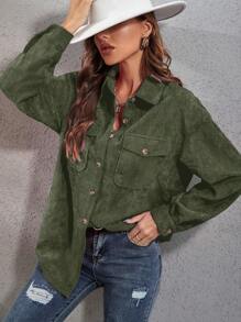 SHEIN LUNE Flap Pocket Drop Shoulder Corduroy Blouse Women Shirt - Army Green - View 1