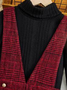 Tween Girl Knitted Solid Color Turtleneck Top With Plaid Suspender Dress Set - Red - View 4