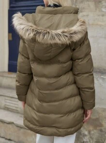 EURMUSE Ladies' Padded Coat With Frayed Collar - Army Green - View 2