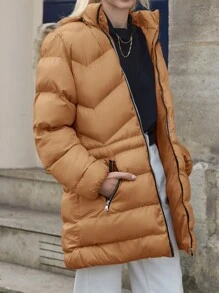 EURMUSE Wattierter Damenmantel Mit Kapuze, Kragen Und Diagonalen Taschen