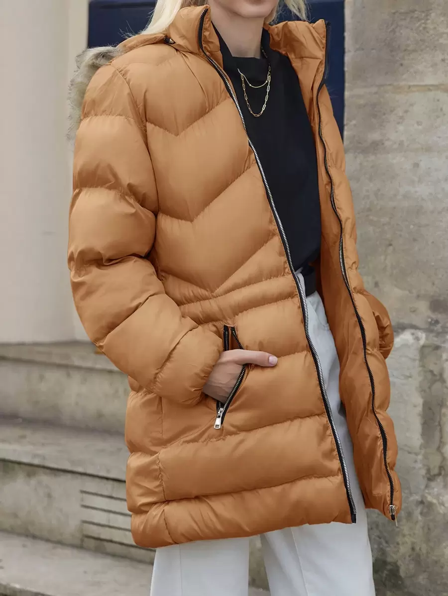 EURMUSE Wattierter Damenmantel Mit Kapuze, Kragen Und Diagonalen Taschen