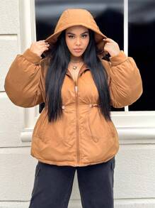 SHEIN EZwear Abrigo acolchado con capucha con cordón y cremallera, talla grande