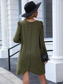 SHEIN LUNE 圓點後紐扣荷葉邊洋裝 - 軍綠色 - 查看 1