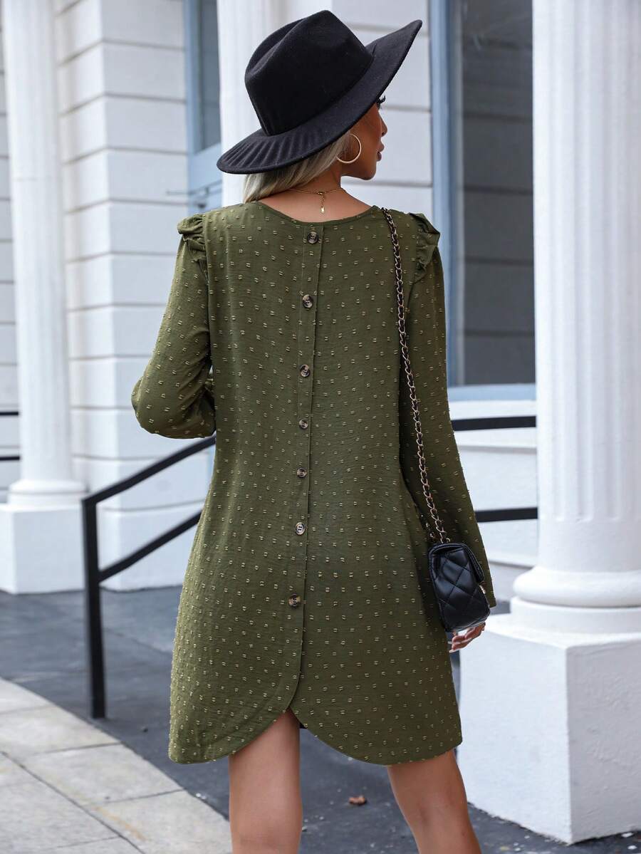 SHEIN LUNE 圓點後紐扣荷葉邊洋裝 - 軍綠色 - 查看 1