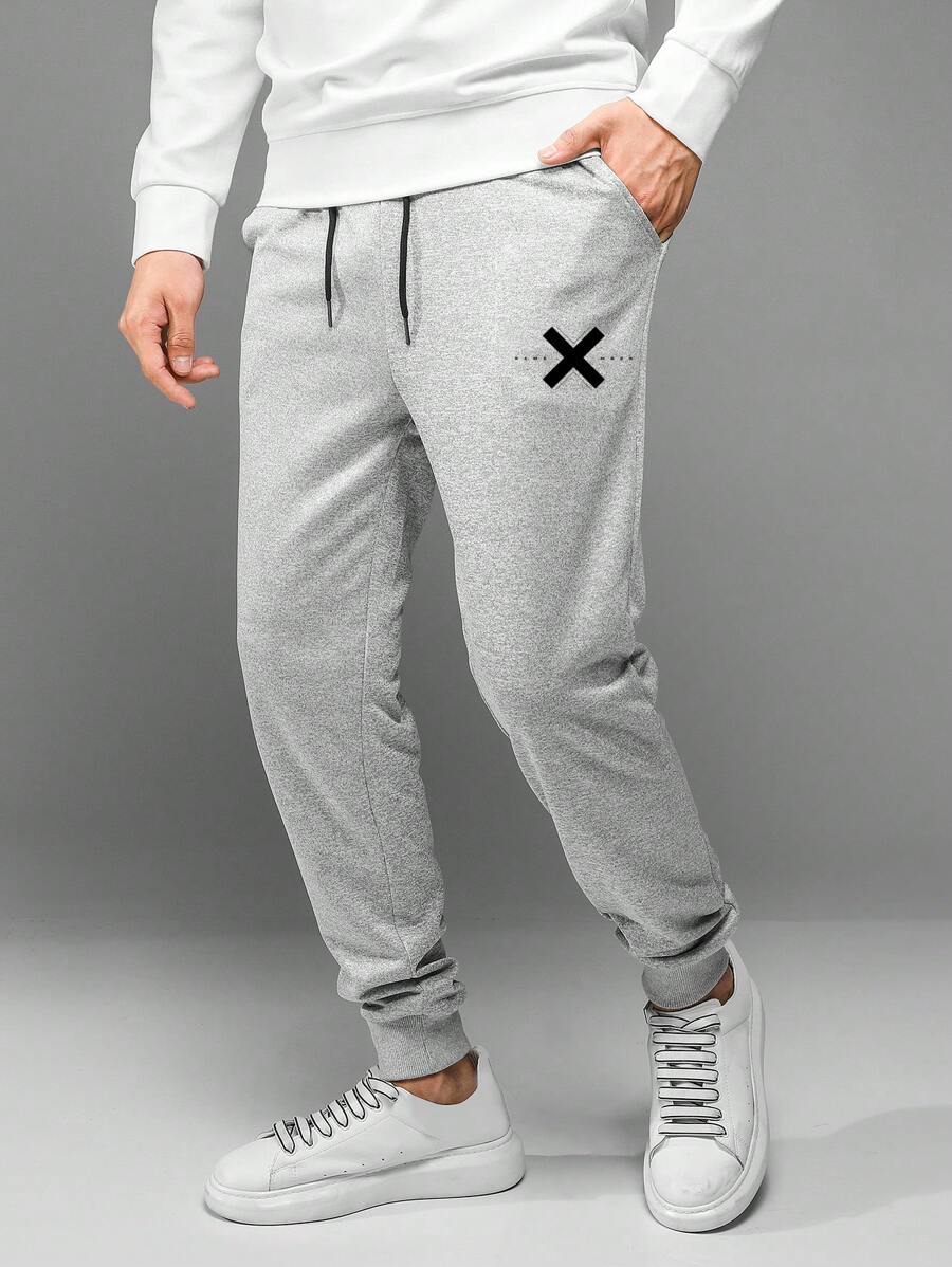 RueChic Men Graphic Print Drawstring Waist Sweatpants - Light Grey - View 1