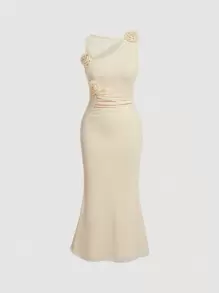 SHEIN MOD Solid Appliques Detail Asymmetrical Neck Dress