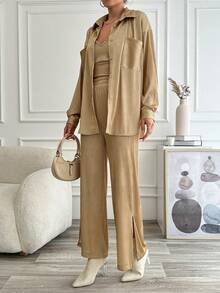 EURMUSE Top de tirantes unicolor & Pantalones bajo con abertura & Abrigo - Beis - Ver 3