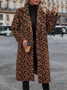 SHEIN Essnce Leopard Print Lapel Neck Open Front Coat - Coffee Brown - View 7