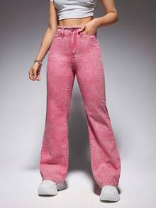 SHEIN EZwear 毛邊緣牛仔喇叭褲 - 粉色 - 查看 6