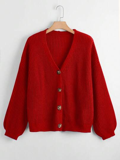 Calvaya Plus Size Women's Solid Color V-Neck Single-Breasted Long Sleeve Casual Commuter Versatile Cardigan Sweater, Autumn/Winter, Red Fall