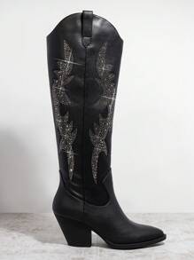 SHUZIA Đồ trang trí Rhinestone Dày Giày ống Tây - màu đen - Xem 2